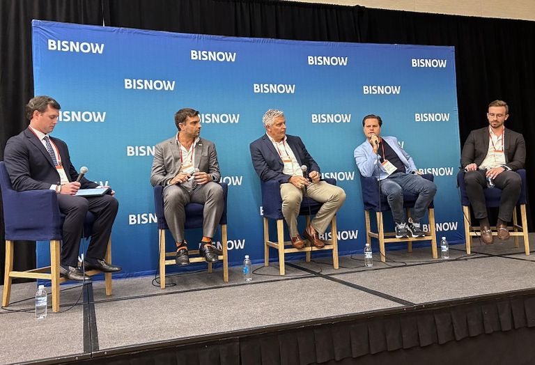 Bilzin Sumberg’s Michael Larmoyeux, Fortec’s Pablo Marcelo Barreio, Newgard Development Group’s Javier Cuadros, Mandarin Oriental Group’s Christian Glauser Benz and AMLI’s Matthew Thomson at Bisnow’s South Florida Construction And Development conference on May 22, 2024.