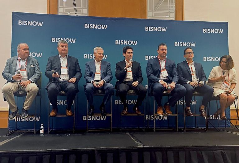 Altman Development Co.’s Timothy Peterson, Waypoint Residential’s Chris Moore, OceanLand Investment’s Jean Francois Roy, Mast Capital’s Camilo Miguel, KeyBank’s Chris Black, ARK Homes For Rent’s Jordan Kavana and Bilzin Sumberg’s Sarah Barli Herald at Bisnow’s Multifamily Summit on Nov. 16, 2023.