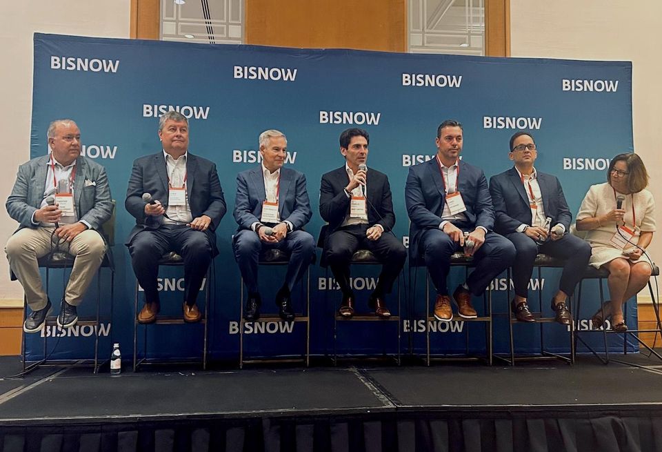 Altman Development Co.’s Timothy Peterson, Waypoint Residential’s Chris Moore, OceanLand Investment’s Jean Francois Roy, Mast Capital’s Camilo Miguel, KeyBank’s Chris Black, ARK Homes For Rent’s Jordan Kavana and Bilzin Sumberg’s Sarah Barli Herald at Bisnow’s Multifamily Summit on Nov. 16, 2023.
