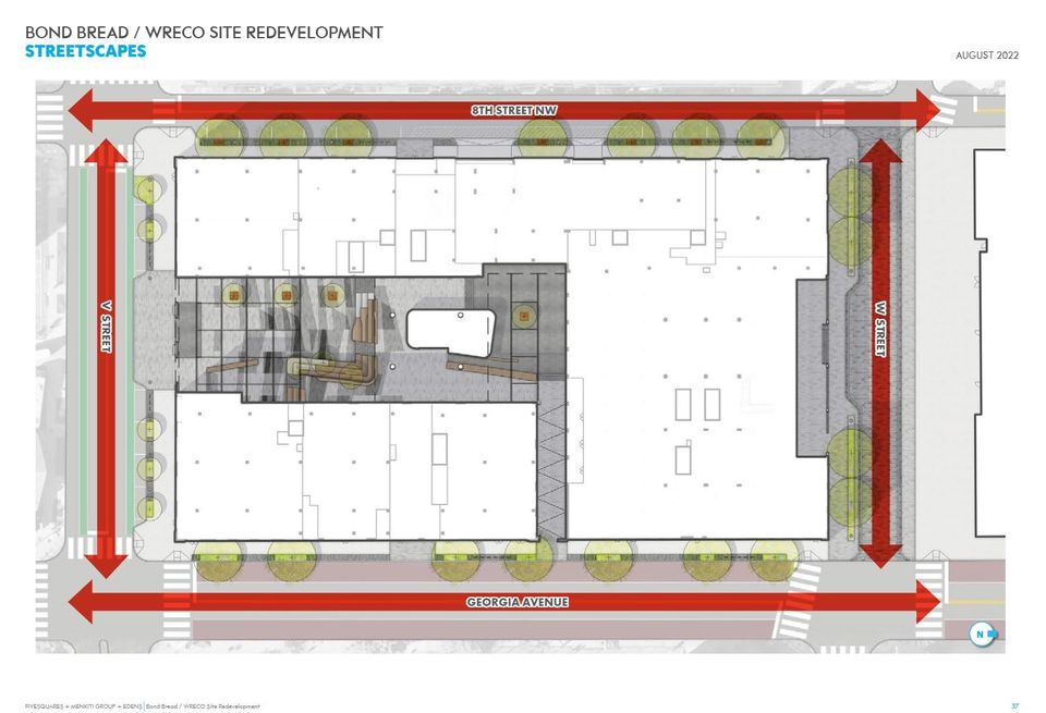 Overhead view of the proposed redevelopment for the site of the Bond Bread/WRECO garage site showing 8th Street NW to the north, W Street to the east, Georgia Avenue to the south and V Street to the west