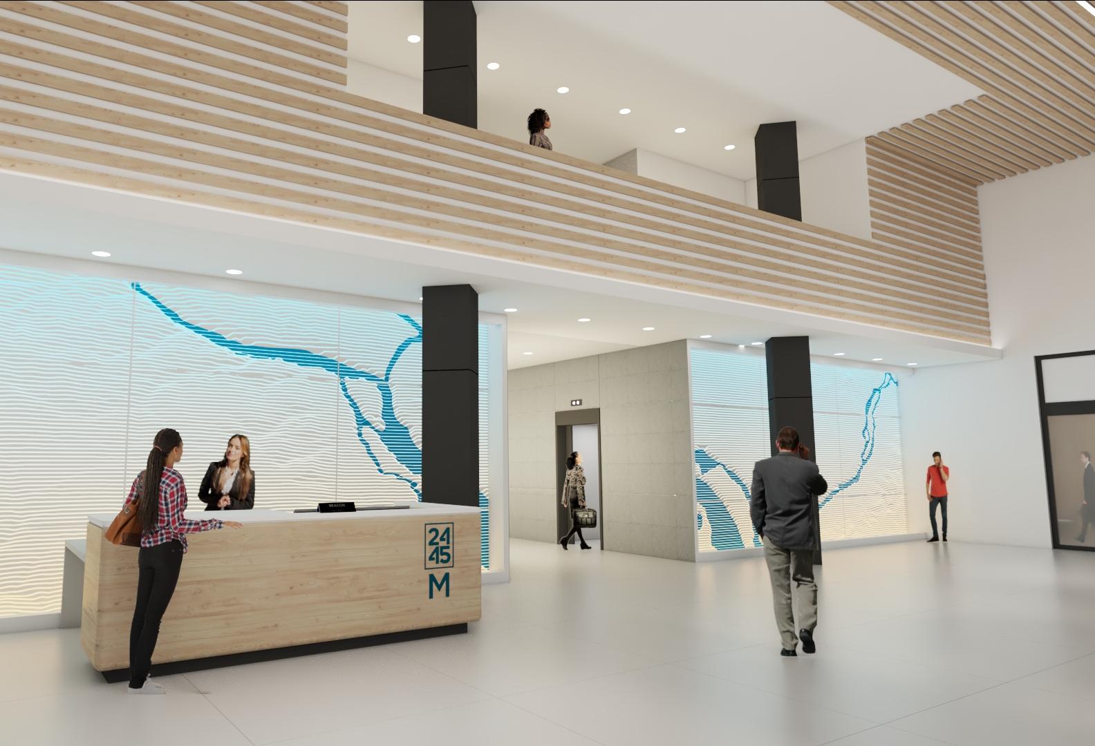 A rendering of the redesigned lobby of 2445 M St.