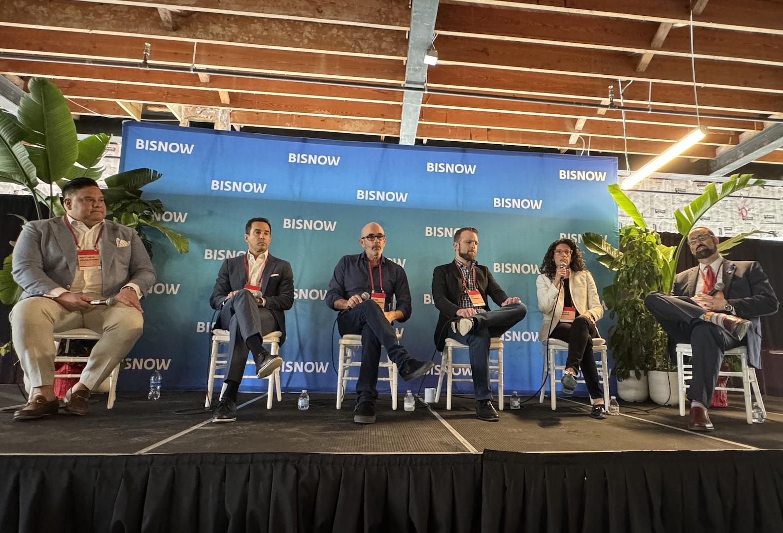 GlobalPro’s Matthew Sengsourinh, Vista Bank’s Dan Sheehan, Graciastromberg’s Peter Stromberg, Tricera Capital’s Ben Mandell, Edens’ Nicole Shiman and Gunster’s Brian Seymour at Bisnow’s Palm Beach State Of The Market Event on Dec. 5.
