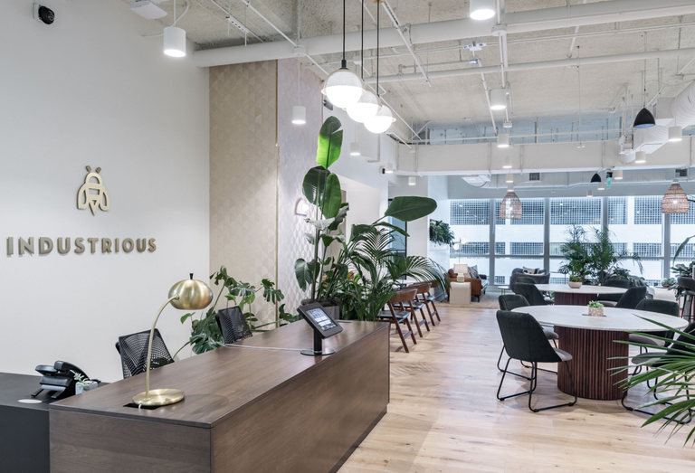 The inside lobby at the Industrious office space in Brickell on the 10th floor of the Sabadell Financial Center at 1111 Brickell Avenue, Miami, FL. 