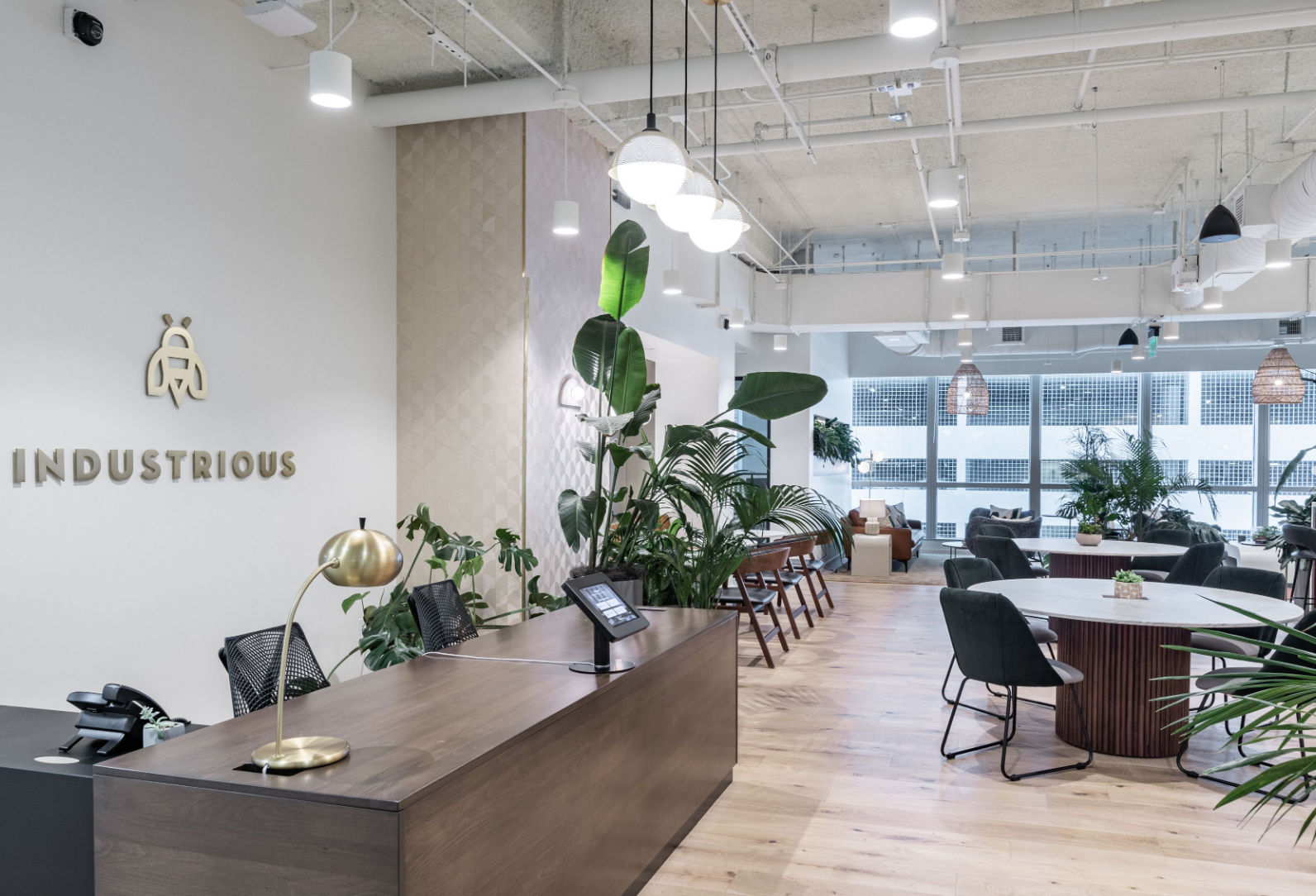 The inside lobby at the Industrious office space in Brickell on the 10th floor of the Sabadell Financial Center at 1111 Brickell Avenue, Miami, FL. 