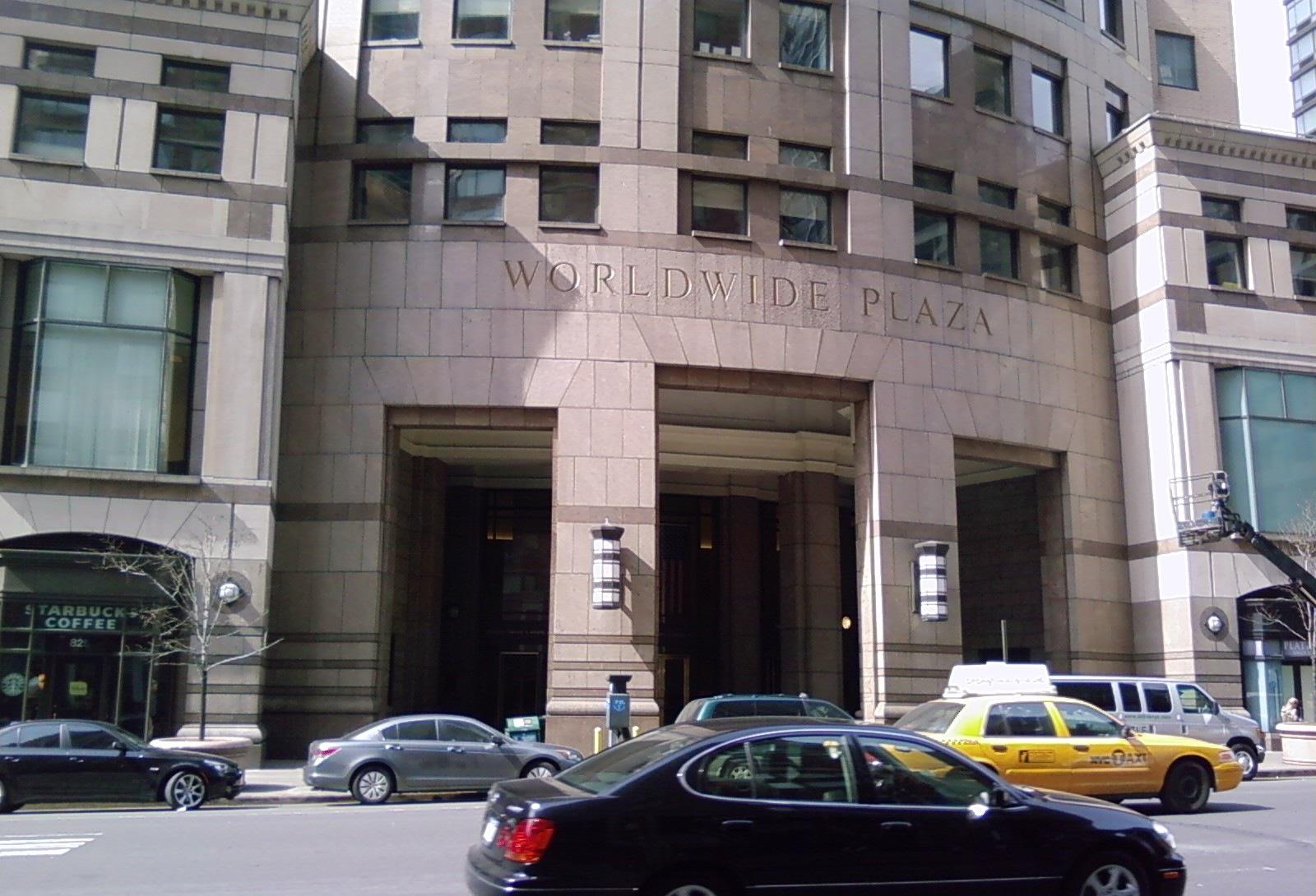 The entrance to Worldwide Plaza, a 49-story office skyscraper on Eighth Avenue.