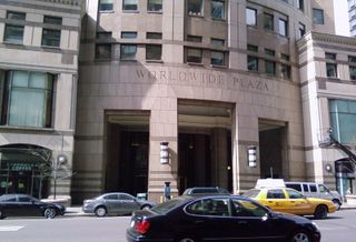 The entrance to Worldwide Plaza, a 49-story office skyscraper on Eighth Avenue.