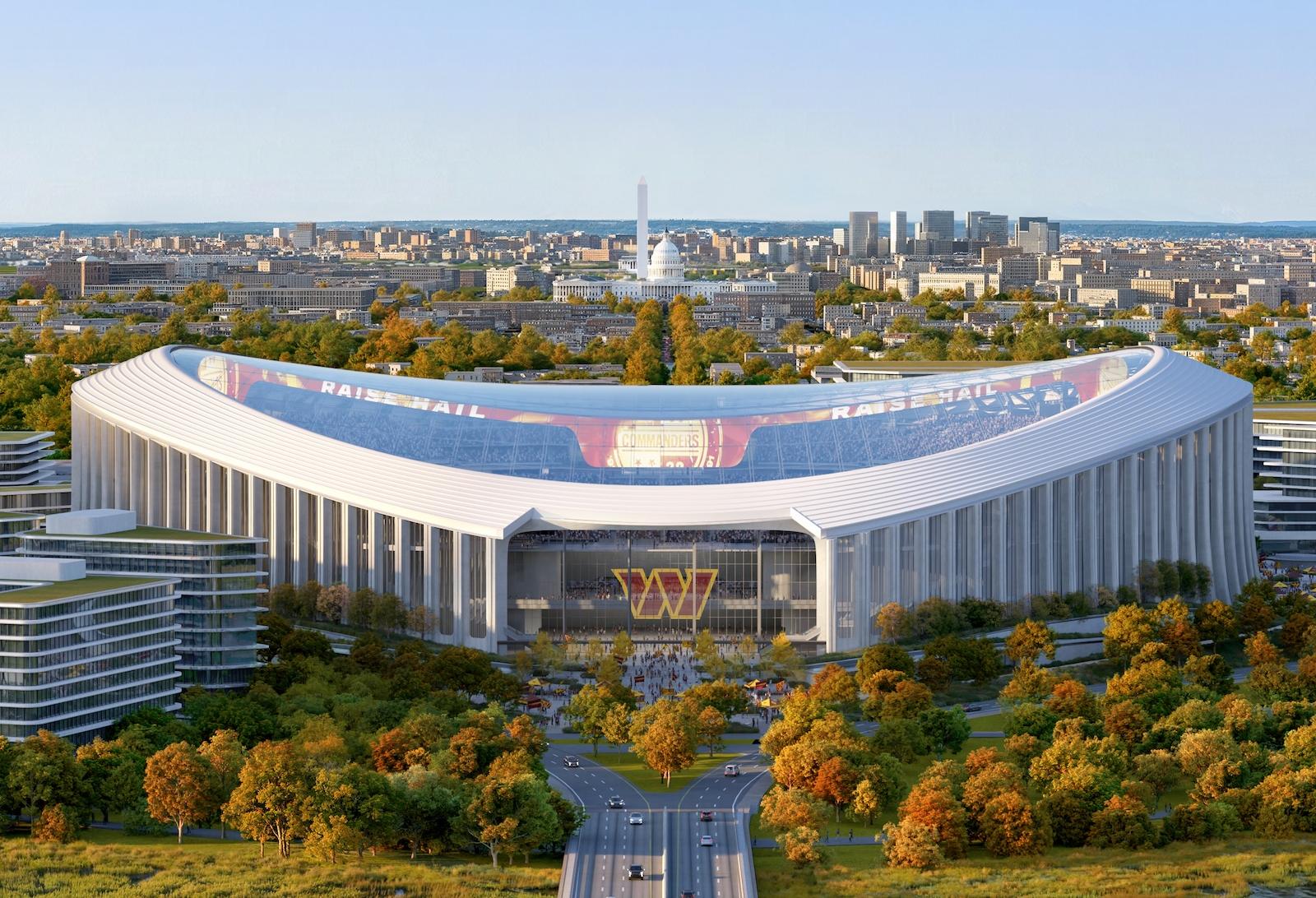A rendering of the new Commanders stadium on the RFK site, seen from the east with the U.S. Capitol in the background. 