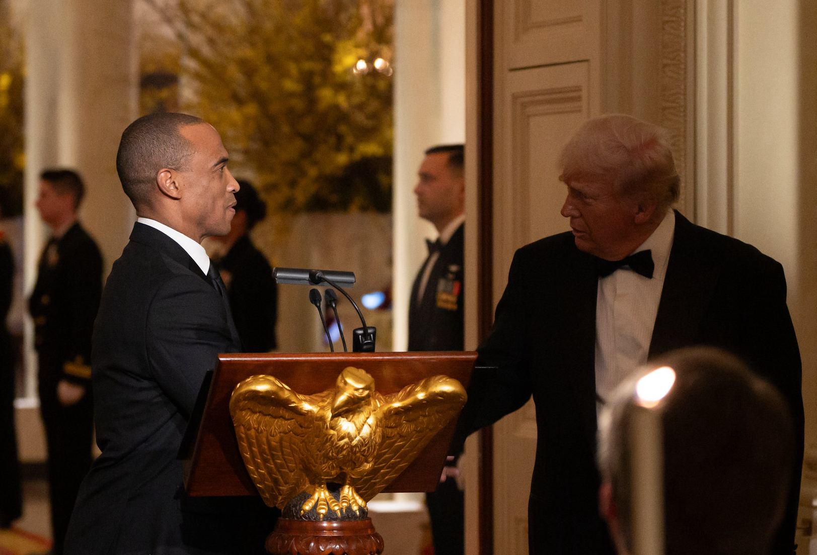 U.S Secretary of Housing and Development Scott Turner with President Donald Trump at the dinner for the nation’s governors in February 2025.