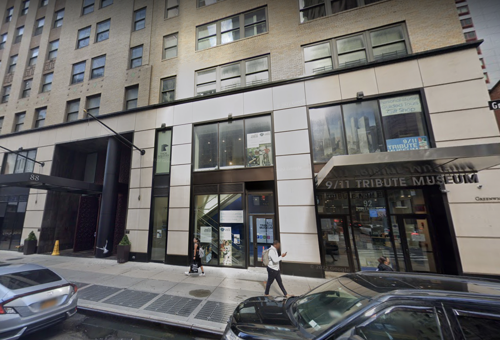 The 9/11 Tribute Museum at 92 Greenwich St., which closed this week. Next door is Thor Equities' 88 Greenwich St., former offices which the landlord converted into residential apartment condos.