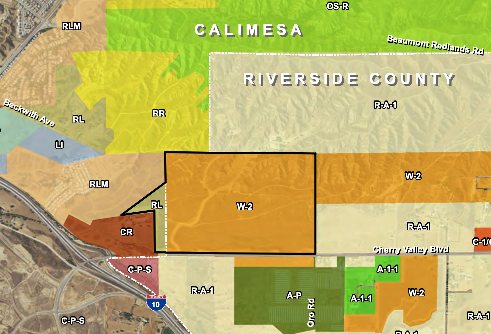 The location of the San Gorgonio Crossing Project in Cherry Valley, Riverside County