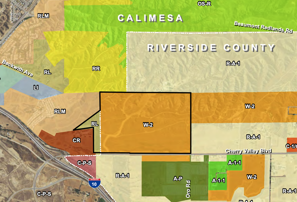 The location of the San Gorgonio Crossing Project in Cherry Valley, Riverside County