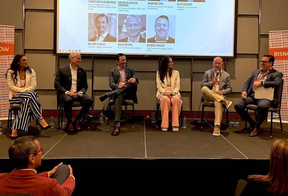 The Continuum Co.’s Allie Eichner, FirstService Residential’s David Diestel, Integra Investment’s Nelson Stabile, Flag Luxury Group’s Dayssi Olarte de Kanavos, Two Roads Development’s Brad Meltzer and Vaster’s George Fraguio at Bisnow’s South Florida Condo Summit on April 11, 2024.