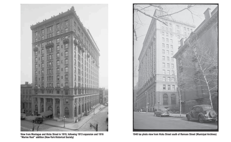 Two historical black-and-white photos of a multi-story brick building on a city street, taken from different angles in 1919 and 1940.
