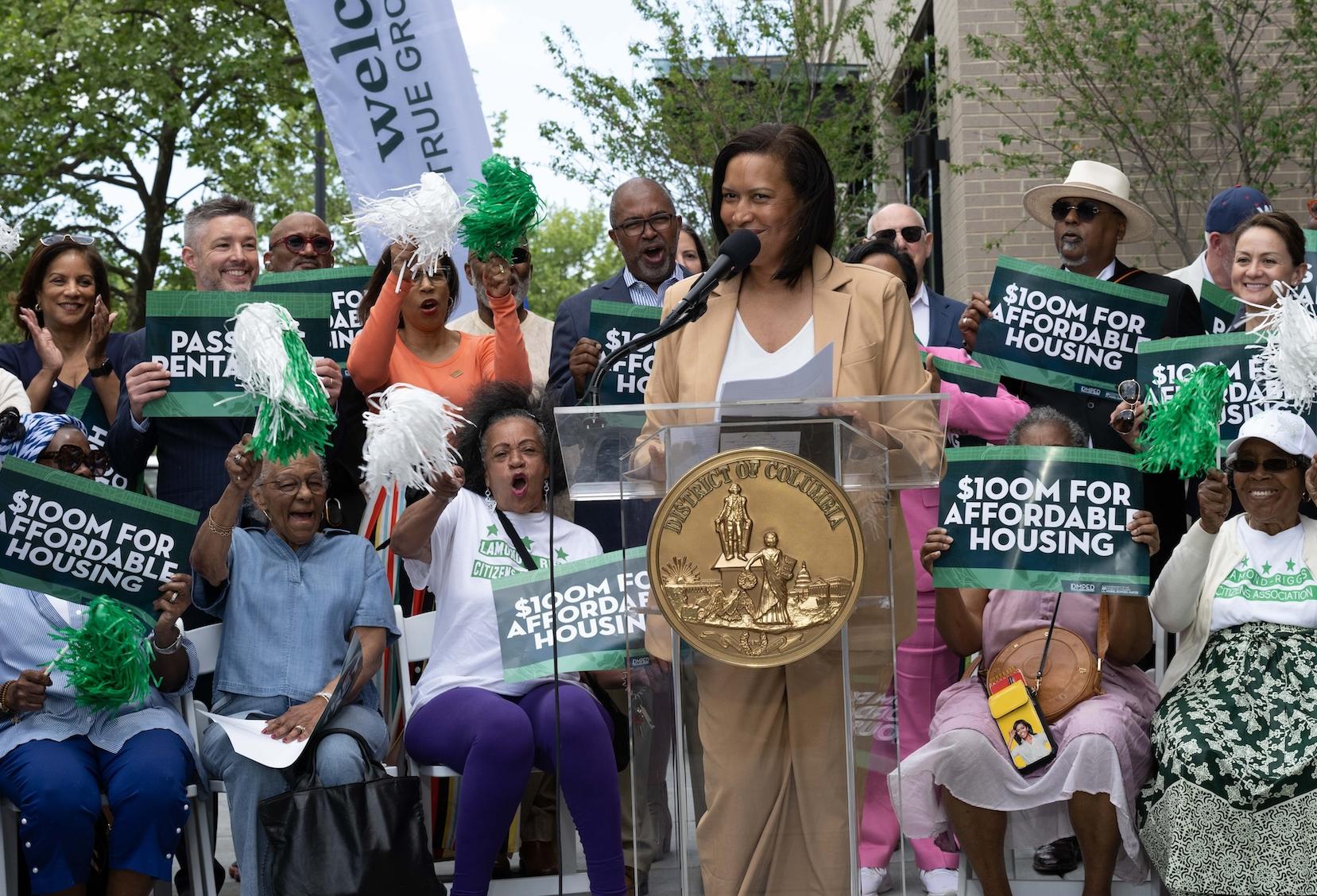 Mayor Muriel Bowser at the April 30 ribbon-cutting where she announced her affordable housing budget proposal. 