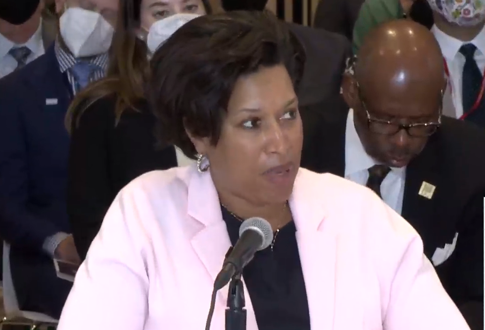 Mayor Muriel Bowser speaks to the D.C. Council during the presentation of her FY 2023 budget proposal