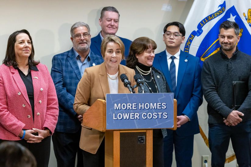 Gov. Maura Healey at a housing press conference in February.