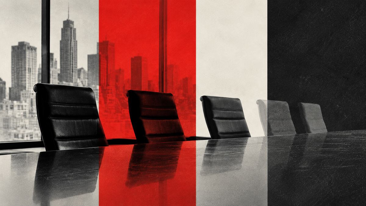Office chairs around a reflective table, with a cityscape visible through a window featuring black, white, and red panels.