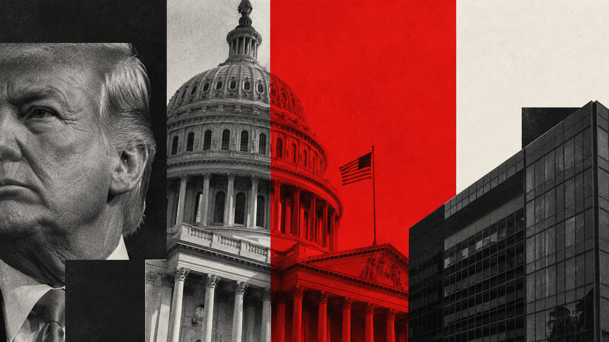 Collage of President Donald Trump, Capitol building with flag, modern glass structure, and bold red accents.