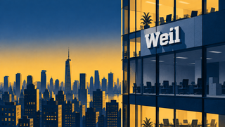 Office building with large "Weil" sign, overlooking a city skyline at dusk with tall skyscrapers silhouetted against a yellow and blue sky.
