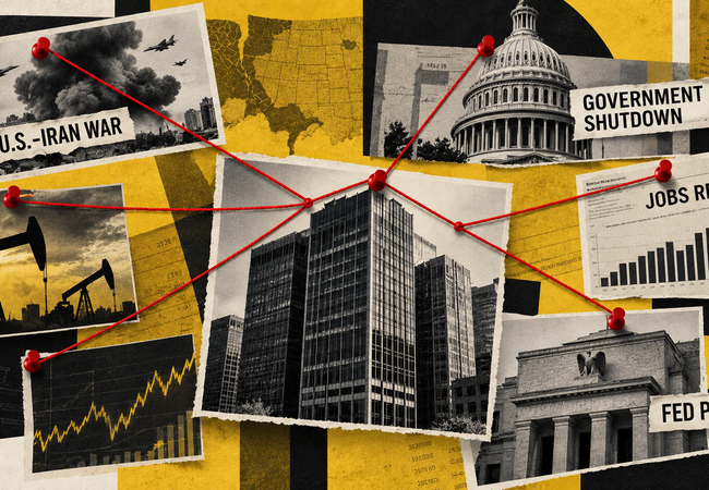 Collage with images and text interconnected by red strings, featuring topics like U.S.-Iran war, oil rigs, government shutdown, jobs report, and Fed policy.