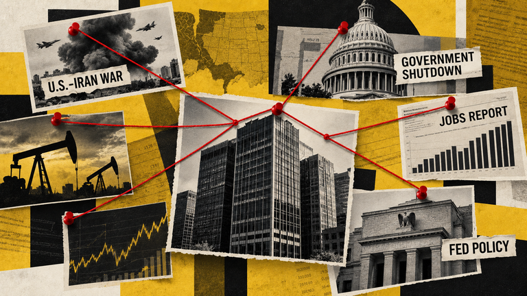 Collage with images and text interconnected by red strings, featuring topics like U.S.-Iran war, oil rigs, government shutdown, jobs report, and Fed policy.