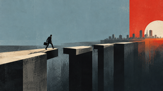 A man in a suit with a briefcase walks across a series of large pillars leading to a distant cityscape under a red sun.
