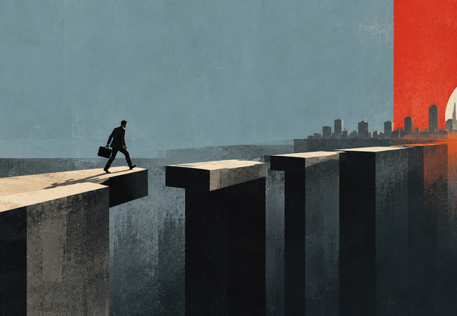 A man in a suit with a briefcase walks across a series of large pillars leading to a distant cityscape under a red sun.