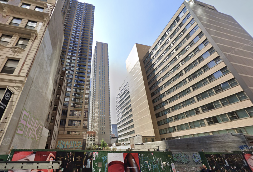 The development site at 250 W. 49th St., where Chess Builders is planning a 28-story rental building, in September 2024