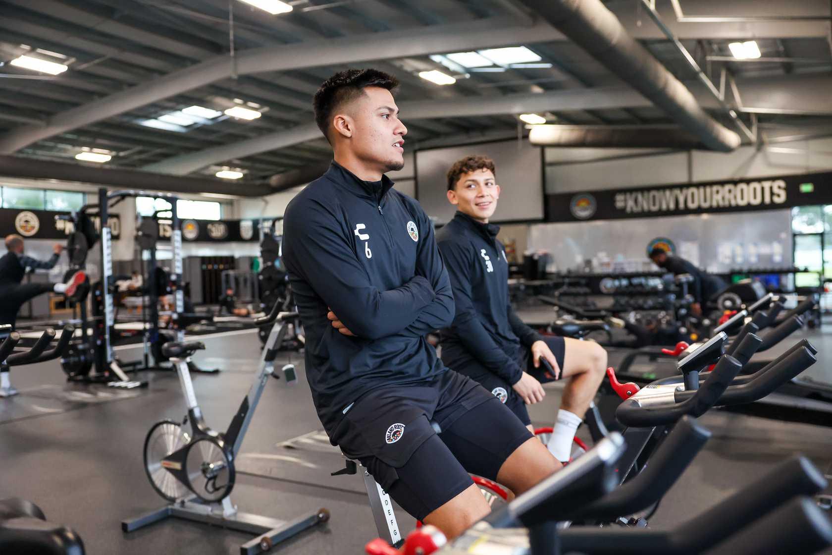 Oakland Roots players work out at the training facility that used to be the home of the Oakland Raiders.