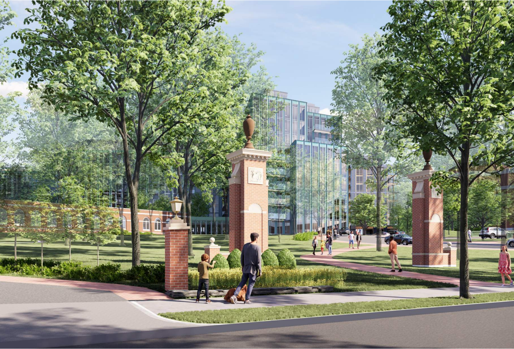 A street view of the proposed redevelopment of the Wardman Park site reveals a new multifamily building connected to the historic Wardman Tower via its one-story arcade.