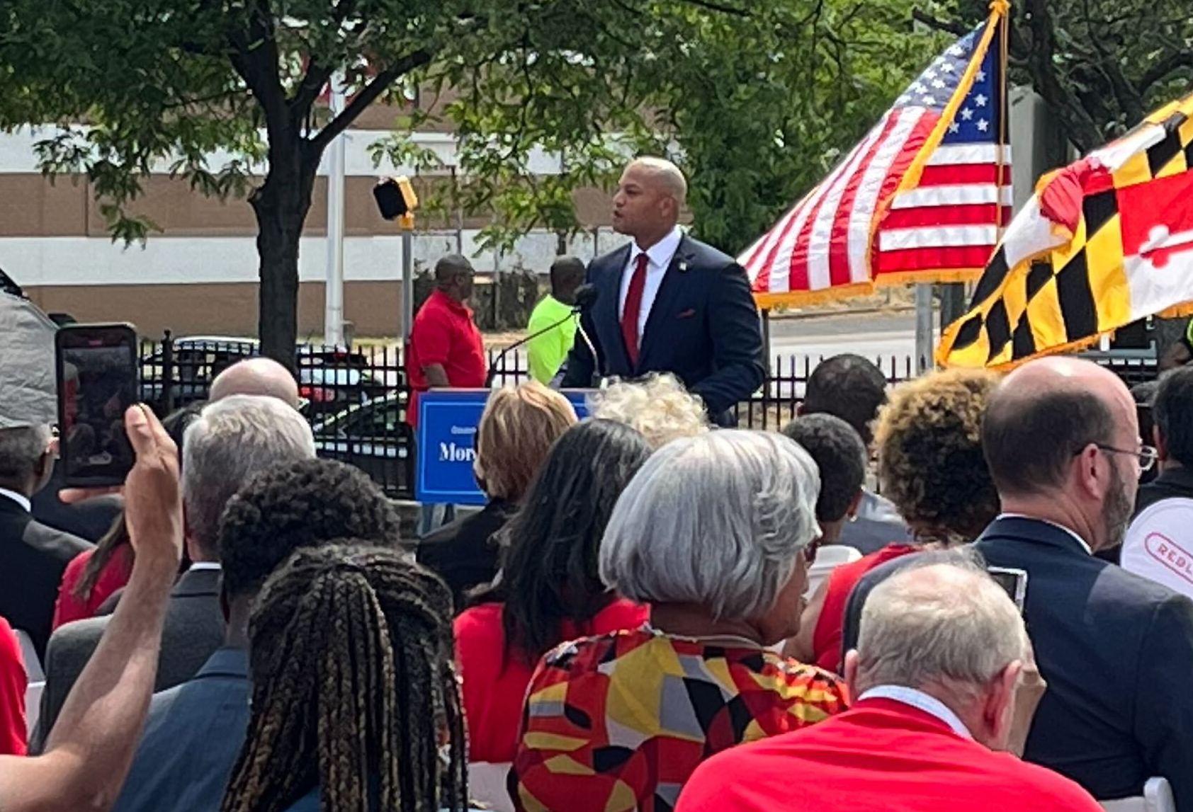 Maryland Gov. Wes Moore speaking at an event to revive the Red Line transit project. 