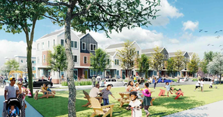A vibrant neighborhood scene with people walking, children playing, and families sitting on benches by modern townhouses under a sunny sky.
