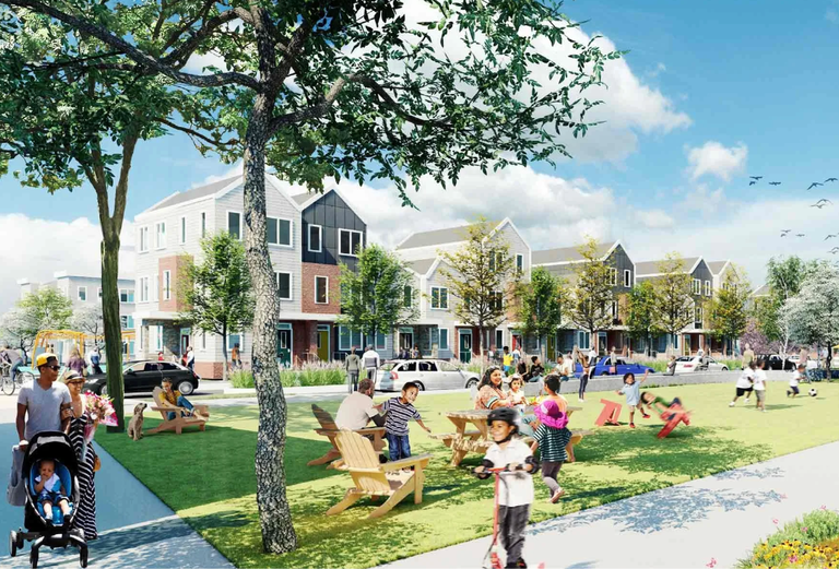 A vibrant neighborhood scene with people walking, children playing, and families sitting on benches by modern townhouses under a sunny sky.