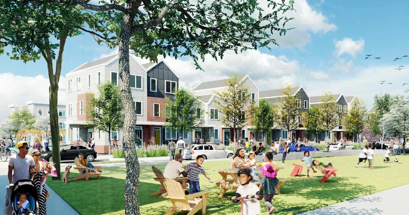 A vibrant neighborhood scene with people walking, children playing, and families sitting on benches by modern townhouses under a sunny sky.