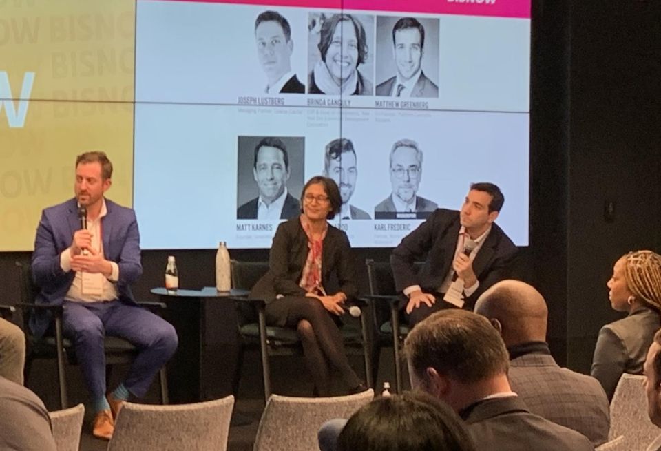 Hinman Straub's Matt Leonardo, NYCEDC's Brinda Ganguly and Platform Cannabis Advisors's Matthew Greenberg onstage at Bisnow’s 2023 Tri-State and Real Estate Conference.
