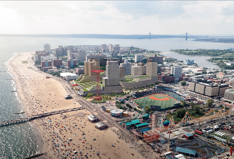 A rendering of the finalized 'Coney Island West' neighborhood redevelopment, showcasing new buildings adding hundreds of housing units to the area.