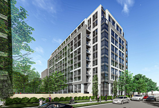 Rendering from street level showing pale gray facade
