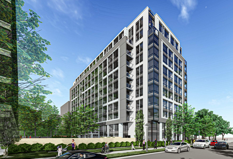Rendering from street level showing pale gray facade