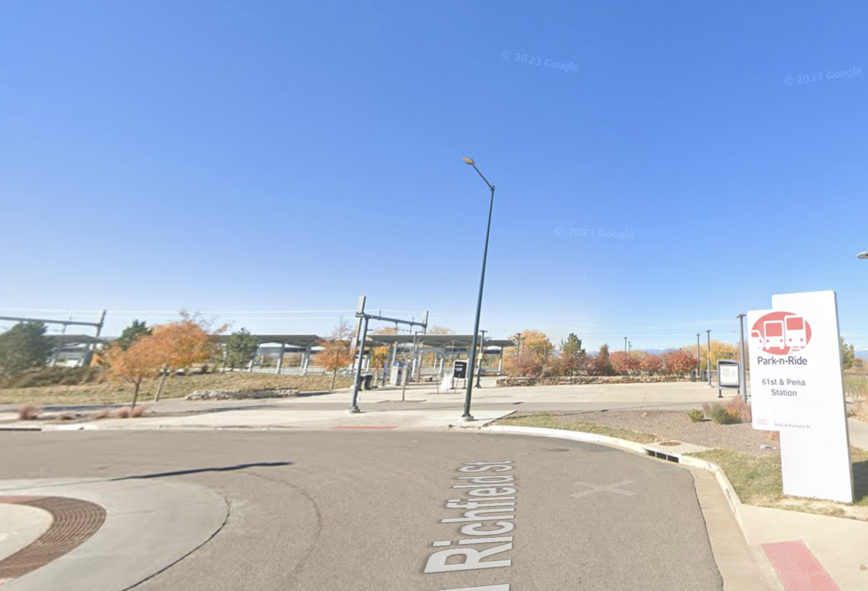 A Google Maps Street View of Denver's 61st & Peña RTD station.
