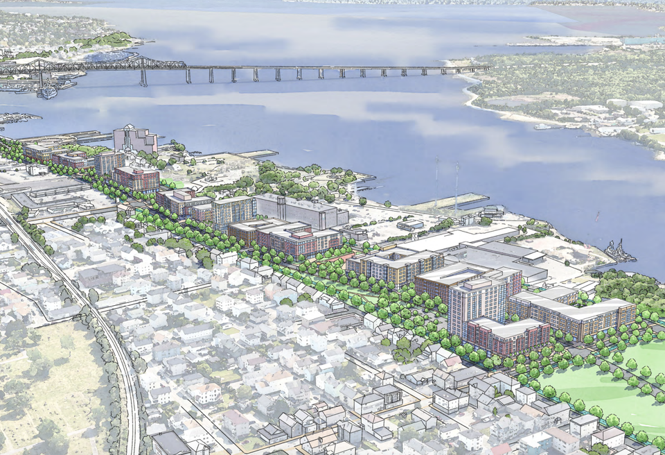 A rendering of what Fall River city officials envision for the 19-acre waterfront site on Davol Street.