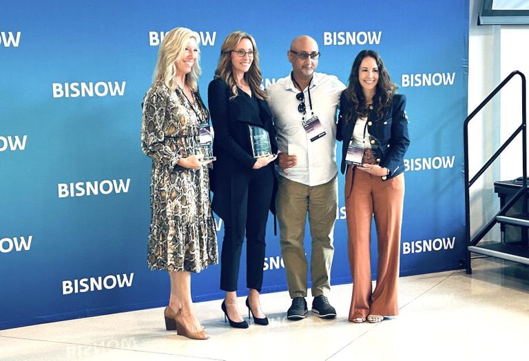 WLRE August 30, 2023 - Bisnow’s Leader of the Year award winners Quest Workspaces’ Laura Kozelouzek, Goldman Properties’ Jessica Goldman Srebnick, Kamal Bains (accepting on behalf of Cushman & Wakefield's Amarjit Bains) and JLL Capital Markets’ Melissa Rose.