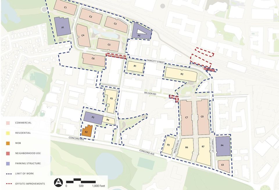 A site plan from Healthpeak's Cambridge Point filing showing the vision for each use across the 46-acre site.