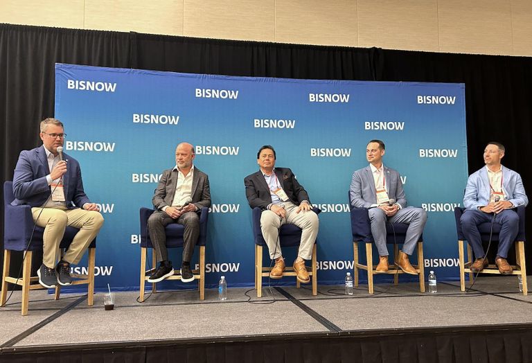 BMO Commercial Bank’s Shawn Oden, Two Roads Development’s Brad Meltzer, Shoma Group’s Nestor Mejia, Suffolk Construction’s Kyle Goebel and BBX Logistics’ Justin Dunn at Bisnow’s South Florida Construction And Development conference on May 22, 2024.