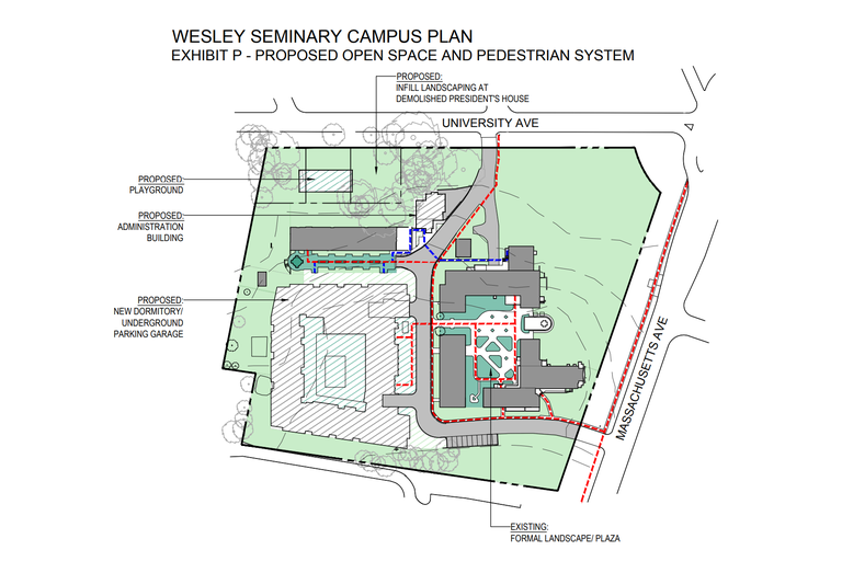 An overhead view of the proposed development as part of Wesley Theological Seminary's 10-year campus plan