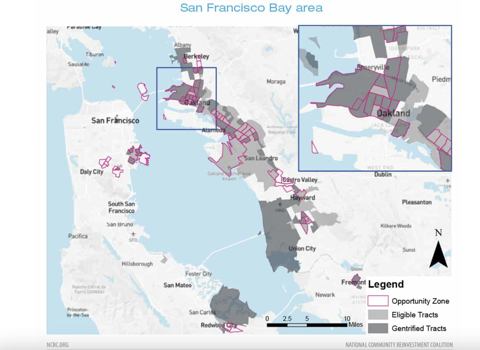 An NCRC map, using data from when the program was created in 2017, showing how OZ tracts overlap with gentrified areas in the Bay Area.