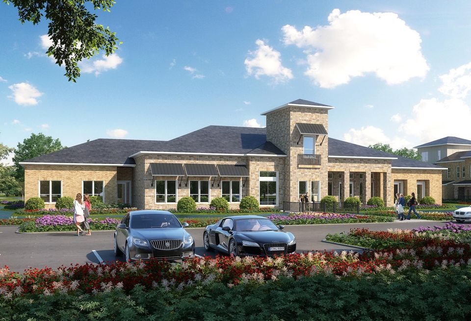 A rendering of a single-story brick building with cars parked in front of it
