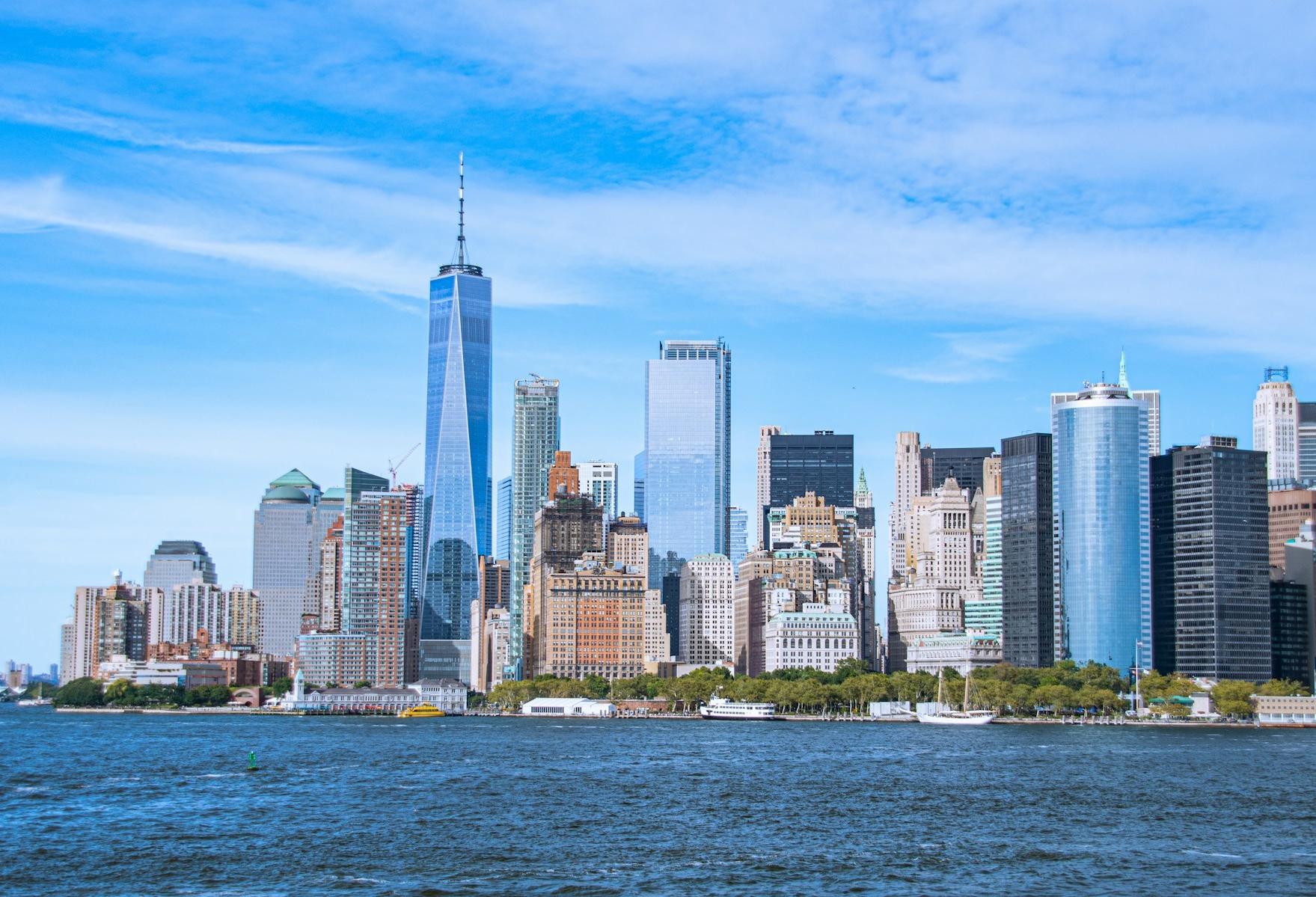 The Lower Manhattan skyline, seen from New York Harbor