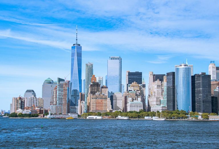 The Lower Manhattan skyline, seen from New York Harbor