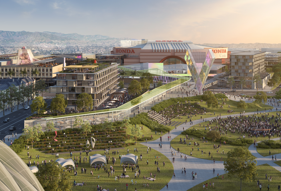 Rendering of ocV!BE, a proposed mixed-use development anchored by the Honda Center, in Anaheim