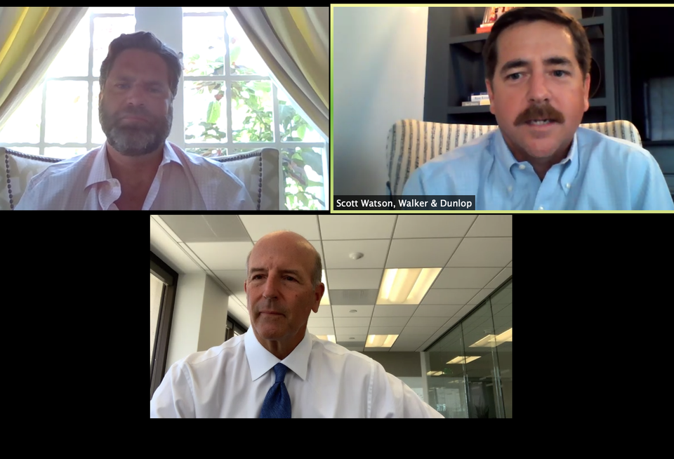 Ocean West Principal Russ Allegrette, Walker & Dunlop Managing Director Scott Watson and KBS CEO Charles Schreiber discuss the state of the office market during a Bisnow webinar on May 19.